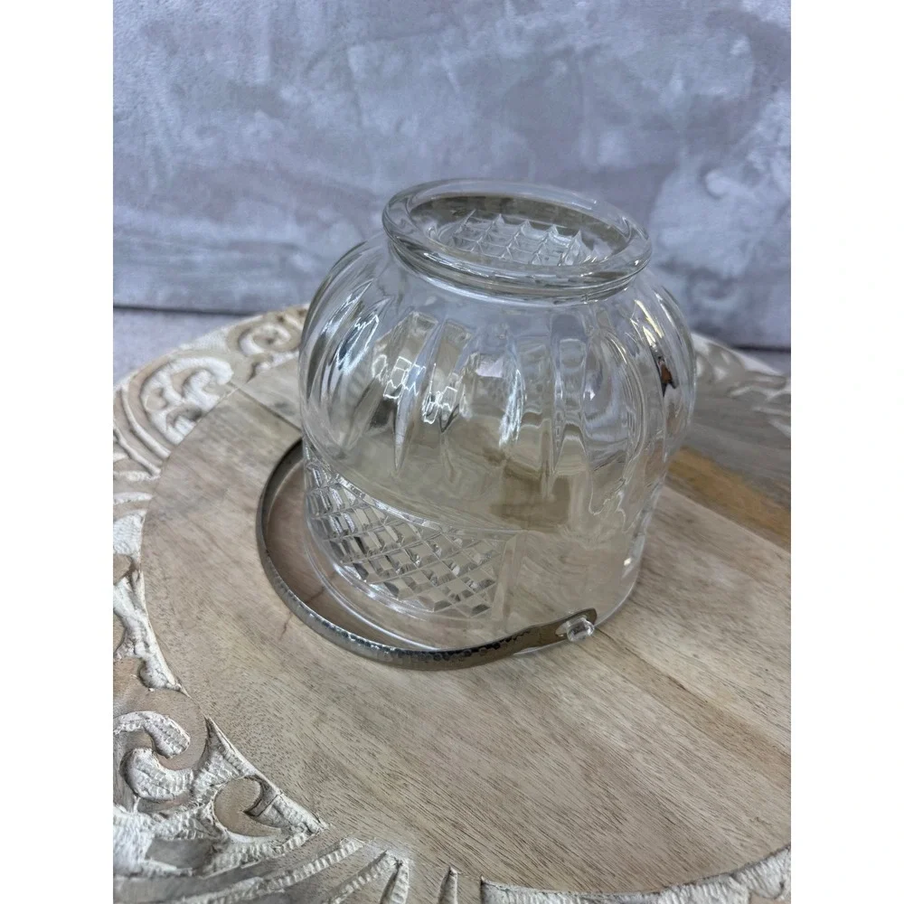 Vintage Glass Ice Bucket Diamond Cut Pattern Hammered Metal Handle Clear Barware